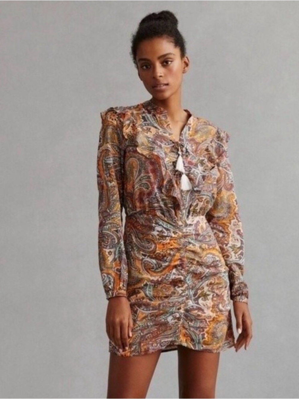 Anthropologie Multicolor Paisley Long-Sleeve Ruched Mini Dress